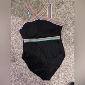SHEIN Black One Piece with Rainbow Straps